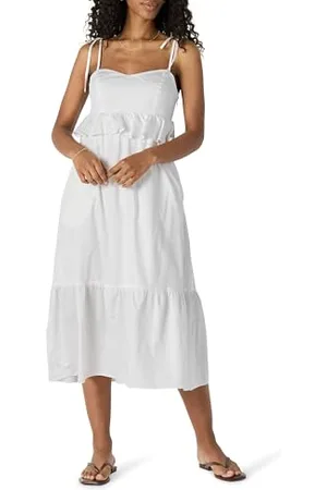 Amazon Abito Midi in Raso di Cotone con Volant Vita Impero Fit Classico Donna, , M