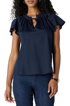 Amazon Blusa con Maniche Svolazzanti in Raso di Cotone vestibilità Comoda Donna, , XL