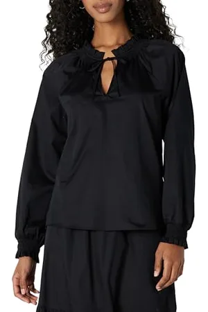 Amazon Blusa a Maniche Lunghe con Collo Arricciato in Raso di Cotone vestibilità Comoda (Gonna Venduta Separatamente) Donna, , L