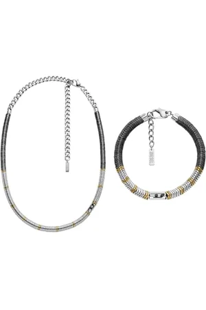 Diesel Uomo Collana e Bracciale D Logo in Pietre Semi-Preziose Argento, Set