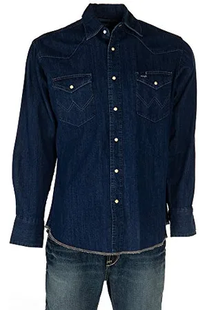 Wrangler Western Long Sleeve Snap Work Shirt Washed Finish Camicia Elegante, Bleu Jean Foncé, L Uomo
