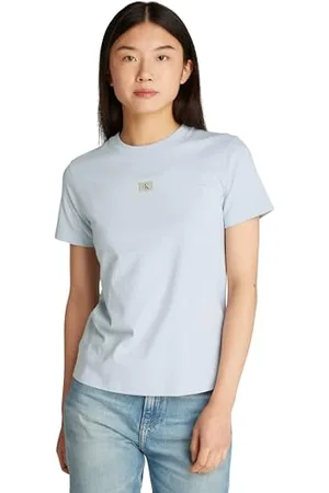 Calvin Klein Donna T-shirt Maniche Corte Woven Label Regular Tee in Cotone, Blu (Niagara Mist), M