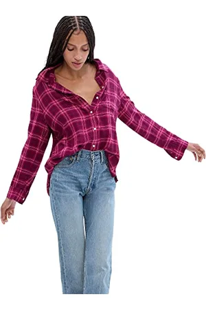 GAP V-LS Camicia in Flanella drappeggiata Button-Down, Plaid Rosa, S da Donna