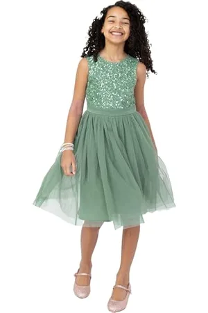Maya Deluxe Midi Dress for Girls Sequins Embellished Party Tutu Bridesmaids Wedding with Belt Bow Vestito, , 5-6 Anni Bambina