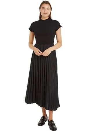 Tommy Hilfiger Donna Abito Midi Dress con Plissé, (Black), L
