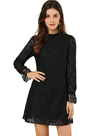 Allegra K Mini Abito da Donna in Pizzo Floreale con Volant e Scollo Rotondo - Nero - M