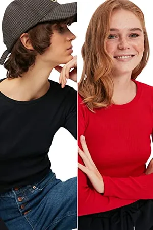 Trendyol Donna Regolare Standard Girocollo Maglia Camicetta Camicia, Blu Navy/Rosso