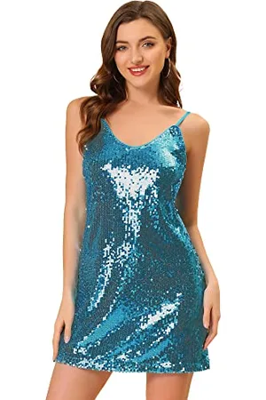 Allegra K Mini Abito da Donna Scintillante con Glitter e Paillettes, Spalline Sottili e Scollo a V, Adatto per Feste, Cocktail, Discoteca, , L