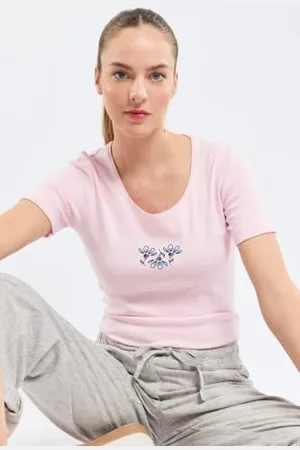 Armor.lux Armor Lux T-Shirt Fleur À Manches Courtes et col Rond en Coton Léger Femme, , L Donna