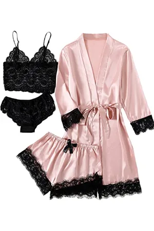 LYANER Set pigiama da donna in raso floreale con pizzo e vestaglia, 4 pezzi, , M