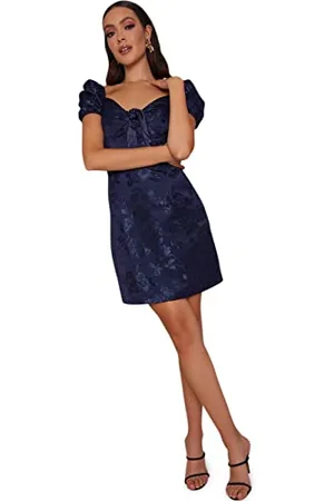 Chi Chi London Abito Longuette Aderente Jacquard Manica a Sbuffo in Blu Navy Vestito da Cocktail, , 42 Donna