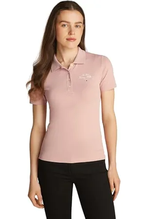 Tommy Hilfiger Donna Maglietta Polo Maniche Corte Script Graphic Slim Fit, Rosa (Foggy ), M