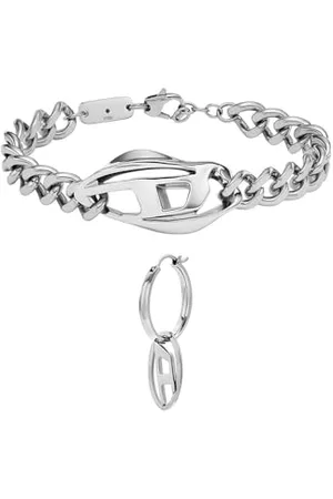 Diesel Uomo Set Bracciale bicolore in acciaio inossidabile e orecchini con Oval D Logo color argento, Set