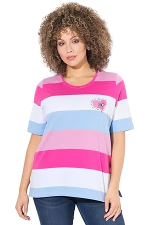 Ulla Popken T-Shirt, Ringel, Herz-Stickerei, Rundhals, Halbarm Maglietta a Righe con Ricamo, Classica, , 56/58 IT Donna