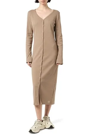 Calvin Klein Donna Abito Woven Label Rib Woven Label Rib Chiusura con Bottoni, Beige , S