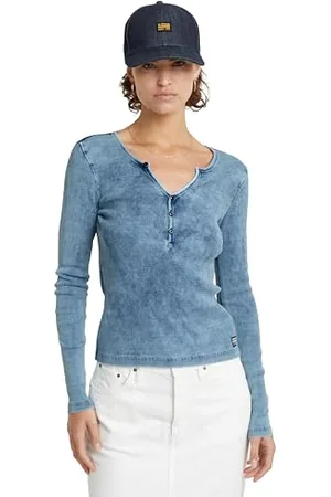 G-Star Donna Deep V Overdyed Henley Slim Top, (sun faded indigo D24656-D643-B503), XL
