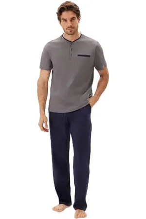 Dagi Knitted Regular Waist Supreme Long Leg Short Sleeve Crew Neck T-Shirt & Trousers Set Pigiama, XL Uomo