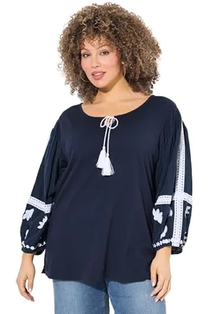 Ulla Popken Bluse, Stickerei, Tunika-Ausschnitt, Langarm Buse con Ricamo sulle Maniche, , 52/54 IT Donna