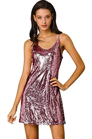 Allegra K Donna Vestito Lustrino Glitterato Brillante Mini Cinturino Regolabile per Festa Rosa Chiaro S