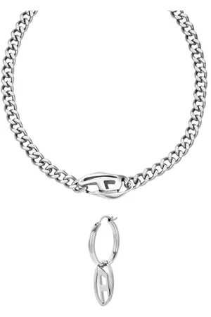Diesel Uomo Set Collana e orecchini con Oval D logo, acciaio inossidabile color argento, Set
