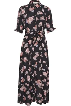 Kaffe Maxi Abito da Donna con Cravatta in Vita Maniche a 3/4 Colletto Classico Bottoni Frontali Vestito Casual, , 42