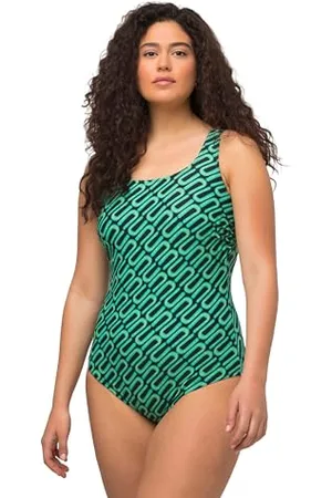 Ulla Popken Donna, taglie comode, costume da bagno, stampa grafica, senza coppe morbide, girocollo