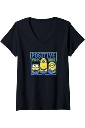 Minions Donna Positive Vibes Tribe Group Shot Maglietta con Collo a V