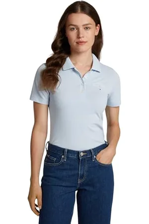 Tommy Hilfiger Donna Maglietta Polo Maniche Corte Script Graphic Slim Fit, Blu (Breezy ), M