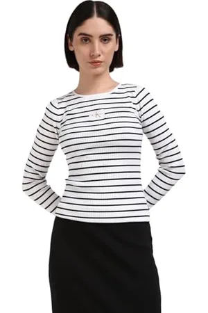 Calvin Klein Jeans Donna Maglietta Maniche Lunghe Woven Label Tight Sweater Senza Cappuccio, Multicolore (CK Black/Bright White Striped), XXS