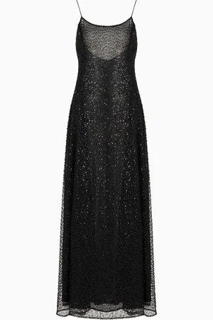 Emporio Armani Abito lungo in tulle con ricamo micro paillettes e jais all over