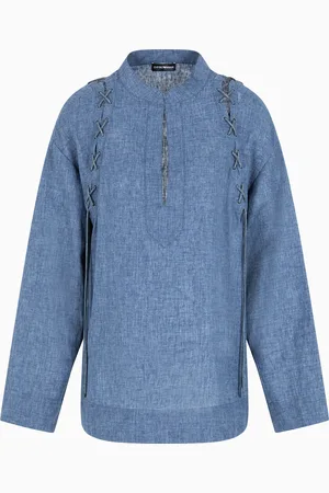 Emporio Armani Blusa collo guru con dettagli lacci in misto lino melange