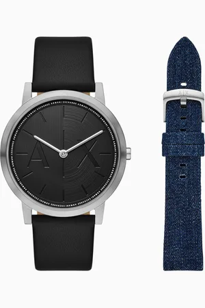 Armani Exchange Orologio a due lancette in pelle nera e cinturino in denim