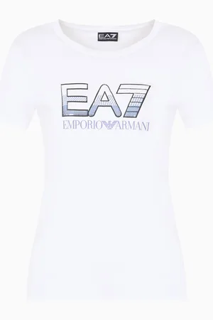 EA7 T-shirt girocollo Logo Series in cotone stretch con logo paillets