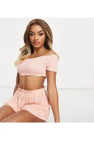 ASOS ASOS DESIGN Petite - Crop top da spiaggia arricciato con spalle scoperte in coordinato