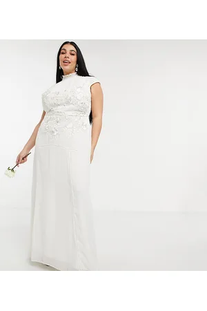 HOPE & IVY Hope & Ivy Maternity - Vestito lungo da sposa decorato con perline e fiori e con apertura a goccia sul retro, color avorio
