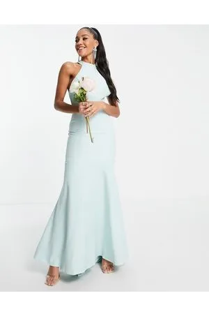 Jarlo Vestito lungo accollato blu con pizzo sulla schiena