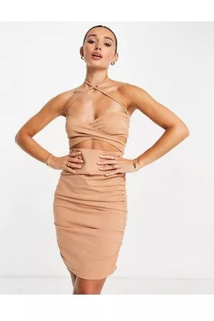 Unique 21 Unique 21 - Vestito corto incrociato e arricciato color cammello