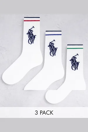 Ralph Lauren Confezione da 3 paia di calzini sportivi bianchi con righe e logo grande del pony