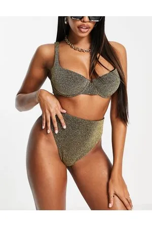 ASOS Coppe Grandi - Top bikini con ferretto e dettaglio anteriore oro glitter coppe DD-G