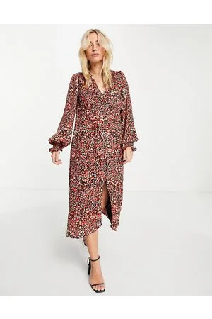 In The Style X Olivia Bowen - Vestito midi con bottoni, scollo a V e stampa animalier, colore rosso