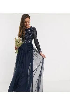 Maya Vestito lungo da damigella a maniche lunghe in tulle con delicate paillettes tono su tono