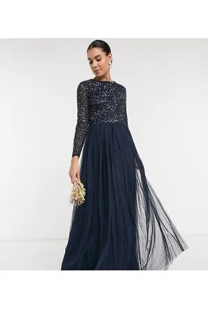 Maya Vestito da damigella lungo a maniche lunghe in tulle con raffinate paillettes tono su tono