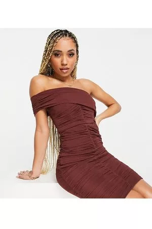 Jaded Rose Esclusiva - Vestito midi arricciato color cioccolato con spalle scoperte
