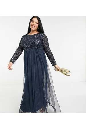 Maya Vestito da damigella lungo in tulle a maniche lunghe con delicate paillettes tono su tono