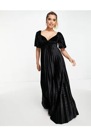 ASOS Vestito lungo in velluto con vita stile impero a pieghe e incrocio sul retro