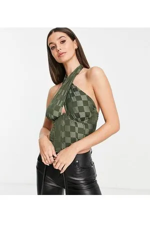 Missguided Top corsetto allacciato al collo in raso a scacchi, colore kaki in coordinato