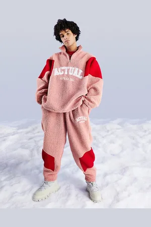 ASOS ASOS Actual - Joggers comodi in pile borg teddy con motivo a spina di pesce color block in coordinato