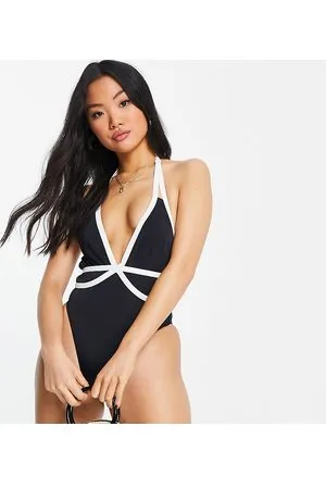 Free Society Petite - Costume da bagno con scollo profondo nero e bianco