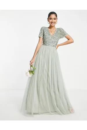 Maya Vestito lungo da damigella in tulle a maniche corte con delicate paillettes tono su tono salvia