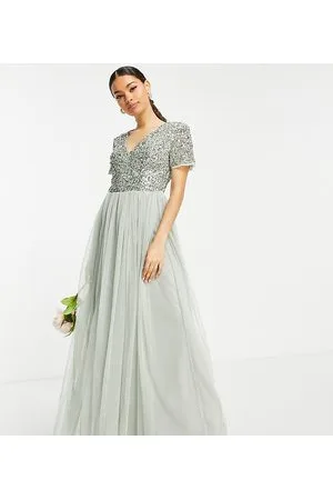 Maya Vestito lungo da damigella in tulle a maniche corte salvia con delicate paillettes tono su tono
